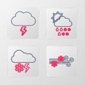 Set line Wind and snow, Cloud with lightning, rain, sun and Storm icon. Vector