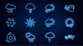 Set line Wind and snow, sun, Cloudy with rain, Tornado, lightning, and Storm icon. Vector