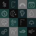 Set line Wind, Sunrise, Water drop, Rainbow, Moon and stars, Compass, Rooster weather vane and Tornado icon. Vector