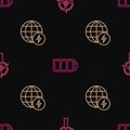 Set line Wind turbine, Global energy power planet and Battery on seamless pattern. Vector Royalty Free Stock Photo