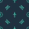 Set line Wind turbine, Hydroelectric dam and Gear and lightning on seamless pattern. Vector Royalty Free Stock Photo