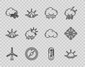 Set line Wind turbine, Sunrise, Cloud with rain, rose, Windy weather, and sun, Thermometer and Snowflake icon. Vector Royalty Free Stock Photo