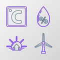 Set line Wind turbine, Sunrise, Water drop percentage and Celsius icon. Vector Royalty Free Stock Photo