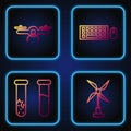 Set line Wind turbine, Test tube and flask, Drone flying and Keyboard and mouse. Gradient color icons. Vector