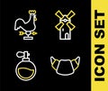 Set line Windmill, Croissant, Perfume and Rooster weather vane icon. Vector