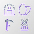 Set line Windmill, Scythe, Chicken egg and Farm House concept icon. Vector