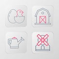 Set line Windmill, Watering can, Farm house and Little chick cracked egg icon. Vector Royalty Free Stock Photo