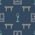 Set line Window in the room, Wooden table and Floor lamp on seamless pattern. Vector Royalty Free Stock Photo