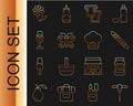 Set line Wine corkscrew, Jam jar, French baguette bread, Bread toast, Butterfly, glass, Flower and Chef hat icon. Vector
