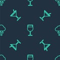 Set line Wine glass, Martini and Cloud with rain on seamless pattern. Vector Royalty Free Stock Photo