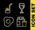 Set line Wine glass, Online ordering and delivery, Scrambled eggs and Kitchen ladle icon. Vector