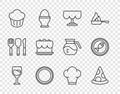 Set line Wine glass, Slice of pizza, Wooden table, Plate, Cupcake, Cake, Chef hat and Served fish on plate icon. Vector