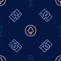 Set line Wine glass, Stacks paper money cash and Playing card with clubs symbol on seamless pattern. Vector