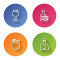 Set line Wine glass, Whiskey bottle and, Coconut cocktail and Tequila. Color circle button. Vector