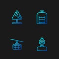 Set line Winter athlete, Cable car, Road sign avalanches and Christmas sweater. Gradient color icons. Vector