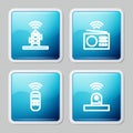 Set line Wireless antenna, Smart radio, remote control and security camera icon. Vector