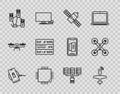 Set line Wireless charger, UAV Drone, Satellite, Processor with microcircuits CPU, Computer network, Server, Data, Web