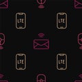 Set line Wireless computer mouse, LTE network and Mail and e-mail on seamless pattern. Vector