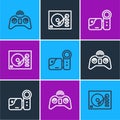 Set line Wireless gamepad, Cinema camera and Vinyl player icon. Vector