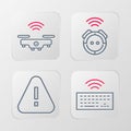 Set line Wireless keyboard, Exclamation mark in triangle, Robot vacuum cleaner and Smart drone icon. Vector