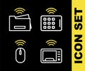 Set line Wireless tablet, Smart microwave oven, mouse and printer icon. Vector