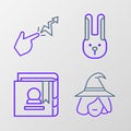 Set line Witch, Ancient magic book, Rabbit with ears and Spell icon. Vector