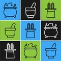 Set line Witch cauldron, Magician hat and rabbit ears and Magic mortar and pestle icon. Vector Royalty Free Stock Photo