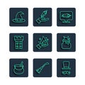 Set line Witch cauldron, Witches broom, Magician, stone, Hand holding fire, Castle tower, hat and icon. Vector