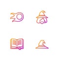 Set line Witch hat, Ancient magic book, Fireball and . Gradient color icons. Vector