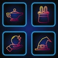 Set line Witch hat, Magic ball on hand, Magic lamp or Aladdin and Magician hat and rabbit ears. Gradient color icons