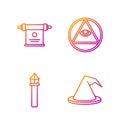 Set line Witch hat, Magic staff, Magic scroll and Masons. Gradient color icons. Vector