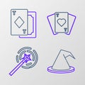 Set line Witch hat, Magic wand, Playing cards and icon. Vector
