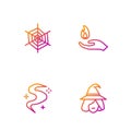 Set line Witch, Magic fog or smoke, Spider web and Hand holding fire. Gradient color icons. Vector Royalty Free Stock Photo
