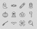 Set line Witches broom, Eye, Candy, Flying bat, Ghost, Tombstone with RIP, Crossed bones and Wooden axe icon. Vector Royalty Free Stock Photo