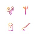 Set line Witches broom, Ghost, Magic runes and Neptune Trident. Gradient color icons. Vector