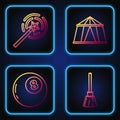 Set line Witches broom, Magic ball of predictions, Magic wand and Circus tent. Gradient color icons. Vector