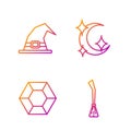 Set line Witches broom, Magic stone, Witch hat and Moon and stars. Gradient color icons. Vector Royalty Free Stock Photo