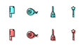 Set line Witches broom, Meat chopper, Eye and Magic wand icon. Vector