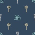 Set line Witches broom, Neptune Trident and Pumpkin on seamless pattern. Vector