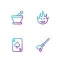 Set line Witches broom, Playing cards, Mortar and pestle and Fire flame. Gradient color icons. Vector