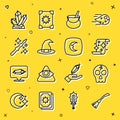 Set line Witches broom, Skull, Magic scroll, cauldron, hat, wand, stone and Moon stars icon. Vector Royalty Free Stock Photo