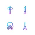 Set line Witches broom, Skull, Wooden axe and Knife. Gradient color icons. Vector