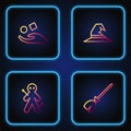 Set line Witches broom, Voodoo doll, Cube levitating above hand and hat. Gradient color icons. Vector