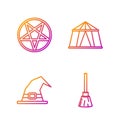 Set line Witches broom, Witch hat, Pentagram in a circle and Circus tent. Gradient color icons. Vector