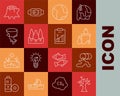 Set line Withered tree, Barrel oil leak, Full dustbin, Earth globe, Forest, Tornado, Tree stump and Global warming icon Royalty Free Stock Photo