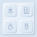 Set line Wizard warlock, Ancient magic book, Magic stone ring with gem and Rabbit ears. White square button. Vector