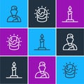 Set line Wizard warlock, Burning candle in candlestick and Magic ball icon. Vector Royalty Free Stock Photo