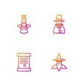 Set line Wizard warlock, Decree, paper, parchment, scroll, Magician hat and rabbit and . Gradient color icons. Vector