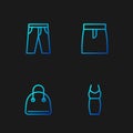 Set line Woman dress, Handbag, Pants and Skirt. Gradient color icons. Vector