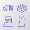 Set line Woman dress, Thimble for sewing, Textile fabric roll and Sewing thread on spool icon. Vector Royalty Free Stock Photo